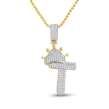 10kt Yellow Gold Mens Baguette Diamond Crown T Letter Charm Pendant 1/2 Cttw