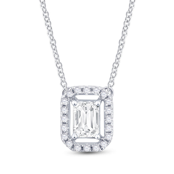 14kt White Gold Womens Emerald Diamond Solitaire Necklace 5/8 Cttw