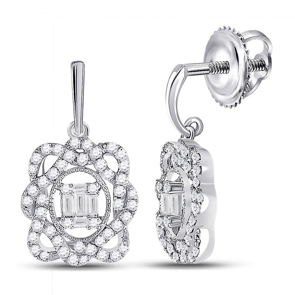 14kt White Gold Womens Baguette Diamond Dangle Earrings 1/2 Cttw
