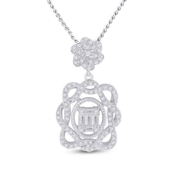 14kt White Gold Womens Baguette Diamond Dangle Oval Pendant 3/8 Cttw