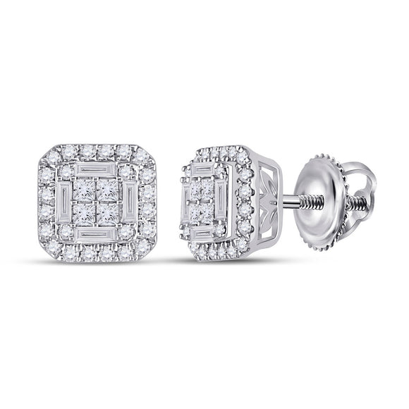 14kt White Gold Womens Baguette Diamond Square Earrings 1/2 Cttw
