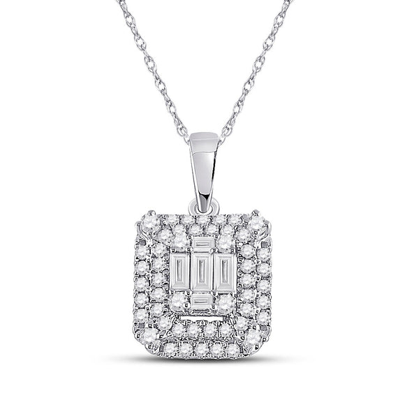 14kt White Gold Womens Baguette Diamond Square Pendant 1/2 Cttw