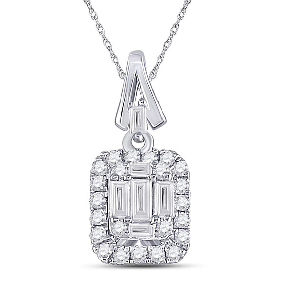 14kt White Gold Womens Baguette Diamond Square Cluster Pendant 1/4 Cttw