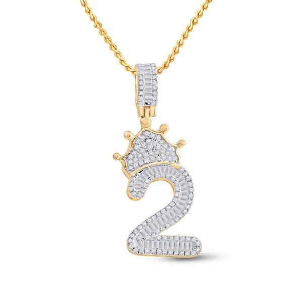 10kt Yellow Gold Mens Baguette Diamond Number 2 Crown Charm Pendant 3/4 Cttw