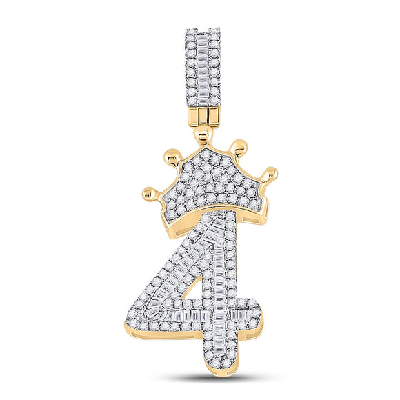 10kt Yellow Gold Mens Baguette Diamond Number 4 Crown Charm Pendant 3/4 Cttw