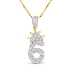 10kt Yellow Gold Mens Baguette Diamond Number 6 Crown Charm Pendant 3/4 Cttw