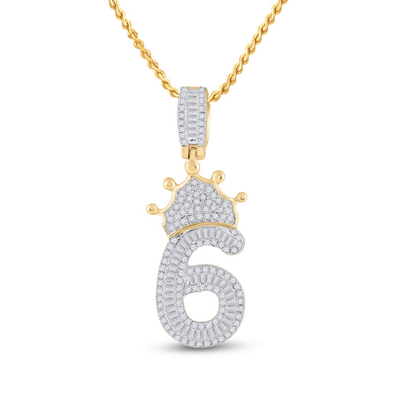 10kt Yellow Gold Mens Baguette Diamond Number 6 Crown Charm Pendant 3/4 Cttw