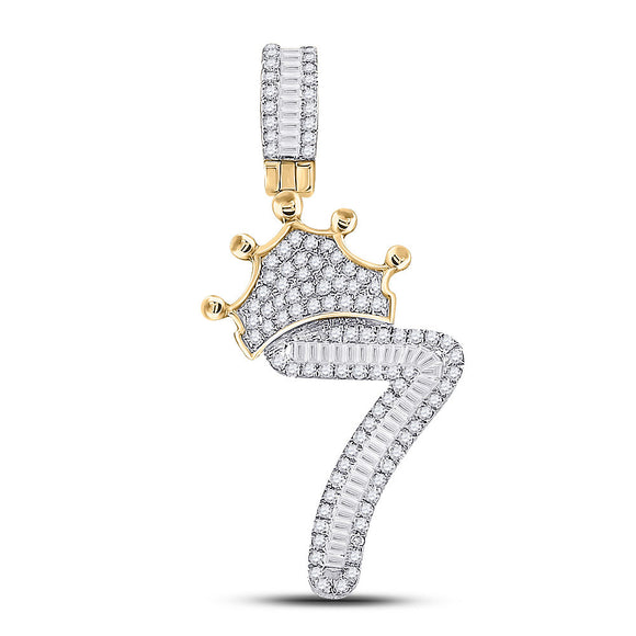 10kt Yellow Gold Mens Baguette Diamond Number 7 Crown Charm Pendant 5/8 Cttw