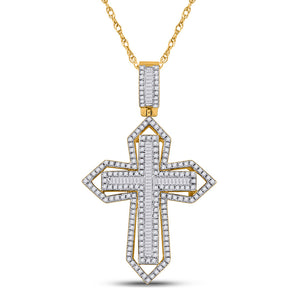 14kt Yellow Gold Mens Baguette Diamond Cross Charm Pendant 7/8 Cttw