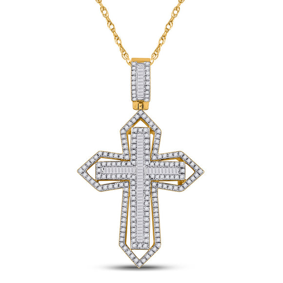 14kt Yellow Gold Mens Baguette Diamond Cross Charm Pendant 7/8 Cttw