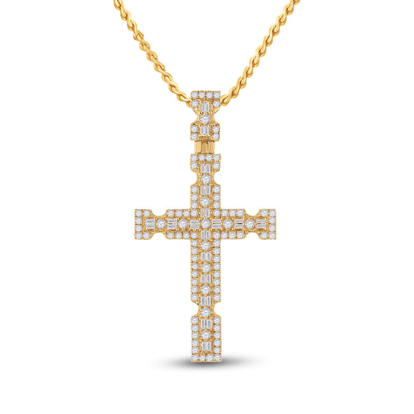 14kt Yellow Gold Mens Baguette Diamond Cross Charm Pendant 1-3/8 Cttw