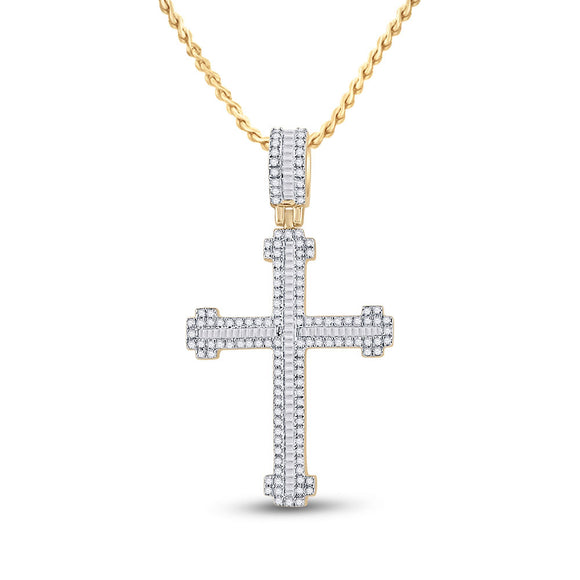 14kt Yellow Gold Mens Round Diamond Cross Charm Pendant 7/8 Cttw