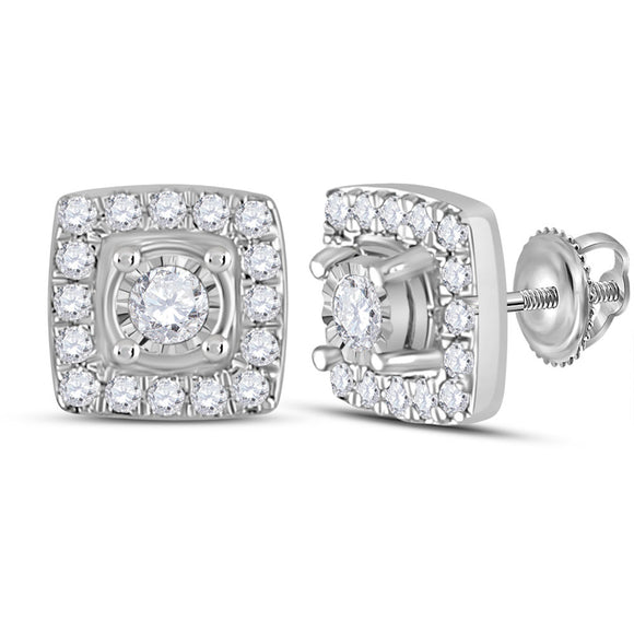 10kt White Gold Womens Round Diamond Square Earrings 1/5 Cttw