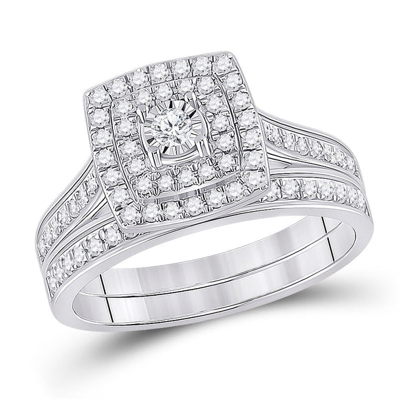 10kt White Gold Round Diamond Halo Bridal Wedding Ring Band Set 1/2 Cttw