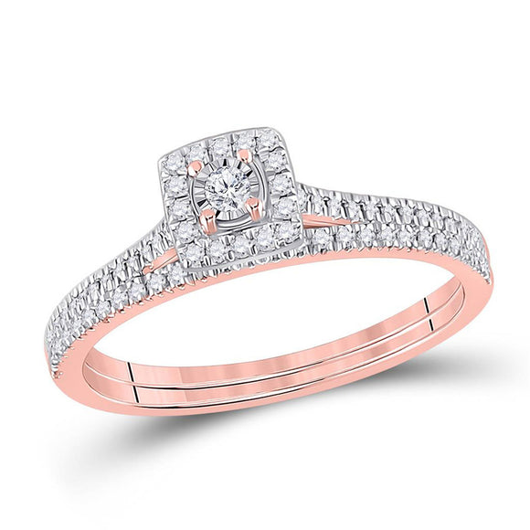 10kt Rose Gold Round Diamond Halo Bridal Wedding Ring Band Set 1/4 Cttw