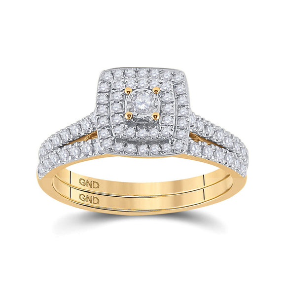 10kt Yellow Gold Round Diamond Halo Bridal Wedding Ring Band Set 1/2 Cttw