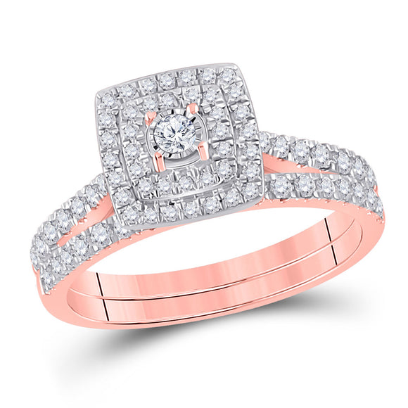 10kt Rose Gold Round Diamond Halo Bridal Wedding Ring Band Set 1/2 Cttw