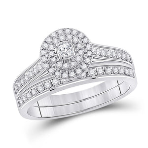 10kt White Gold Round Diamond Halo Bridal Wedding Ring Band Set 1/2 Cttw