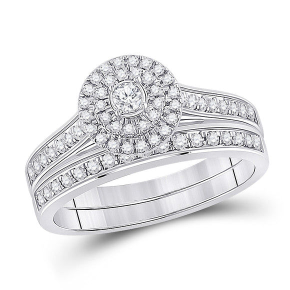 10kt White Gold Round Diamond Halo Bridal Wedding Ring Band Set 1/2 Cttw