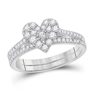 10kt White Gold Round Diamond Heart Bridal Wedding Ring Band Set 1/2 Cttw