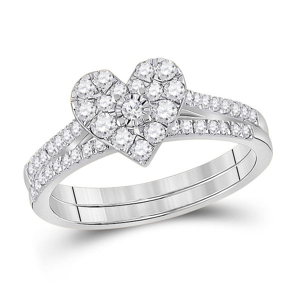 10kt White Gold Round Diamond Heart Bridal Wedding Ring Band Set 1/2 Cttw