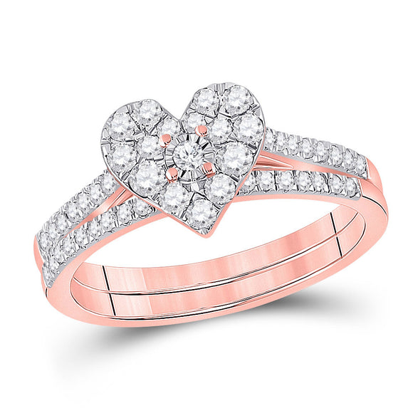 10kt Rose Gold Round Diamond Heart Bridal Wedding Ring Band Set 1/2 Cttw
