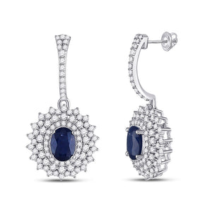 14kt White Gold Womens Oval Blue Sapphire Diamond Dangle Earrings 3 Cttw
