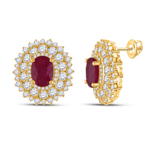 14kt Yellow Gold Womens Oval Ruby Diamond Fashion Earrings 5-3/8 Cttw