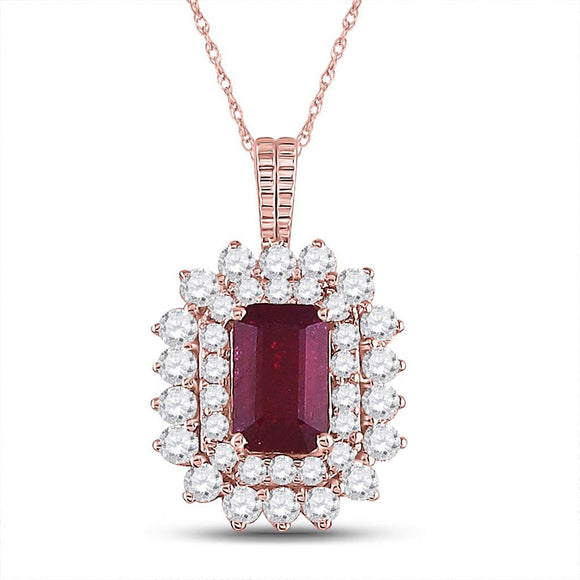 14kt Rose Gold Womens Emerald Ruby Diamond Halo Pendant 7/8 Cttw