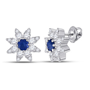 14kt White Gold Womens Round Blue Sapphire Diamond Halo Earrings 1/2 Cttw