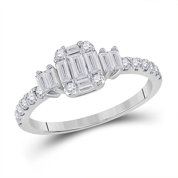 14kt White Gold Womens Baguette Diamond Cluster Ring 5/8 Cttw