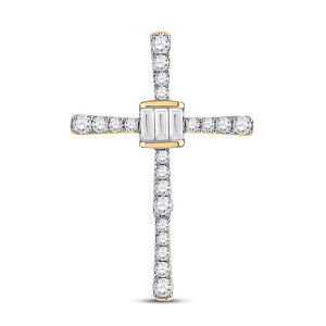 14kt Yellow Gold Womens Baguette Round Diamond Cross Pendant 5/8 Cttw
