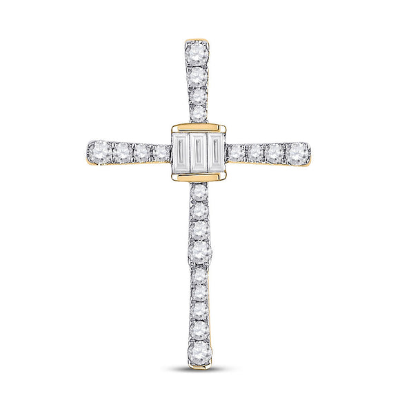 14kt Yellow Gold Womens Baguette Round Diamond Cross Pendant 5/8 Cttw