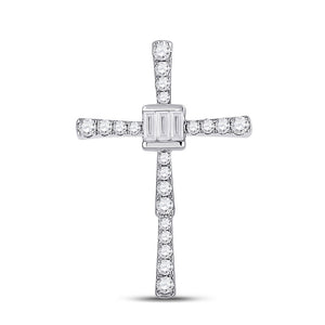 14kt White Gold Womens Baguette Diamond Cross Pendant 5/8 Cttw