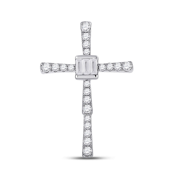 14kt White Gold Womens Baguette Diamond Cross Pendant 5/8 Cttw