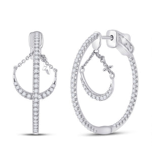 14kt White Gold Womens Round Diamond Dangle Hoop Earrings 1 Cttw