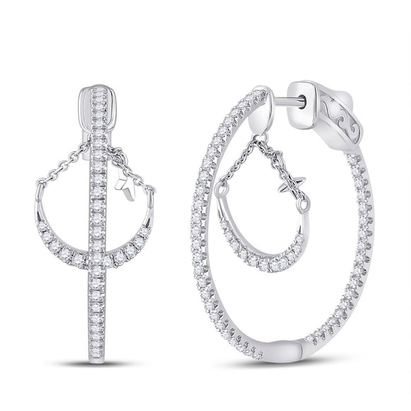 14kt White Gold Womens Round Diamond Dangle Hoop Earrings 1 Cttw