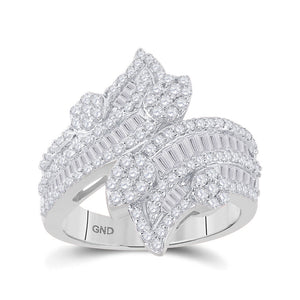 14kt White Gold Womens Baguette Diamond Bypass Cluster Fashion Ring 1-1/3 Cttw
