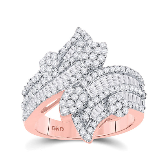 14kt Rose Gold Womens Baguette Diamond Bypass Cluster Fashion Ring 1-1/3 Cttw
