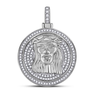 10kt White Gold Mens Round Diamond Jesus Circle Charm Pendant 3/4 Cttw