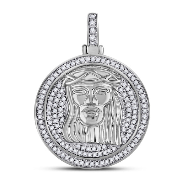 10kt White Gold Mens Round Diamond Jesus Circle Charm Pendant 3/4 Cttw