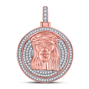 10kt Rose Gold Mens Round Diamond Jesus Face Circle Charm Pendant 3/4 Cttw