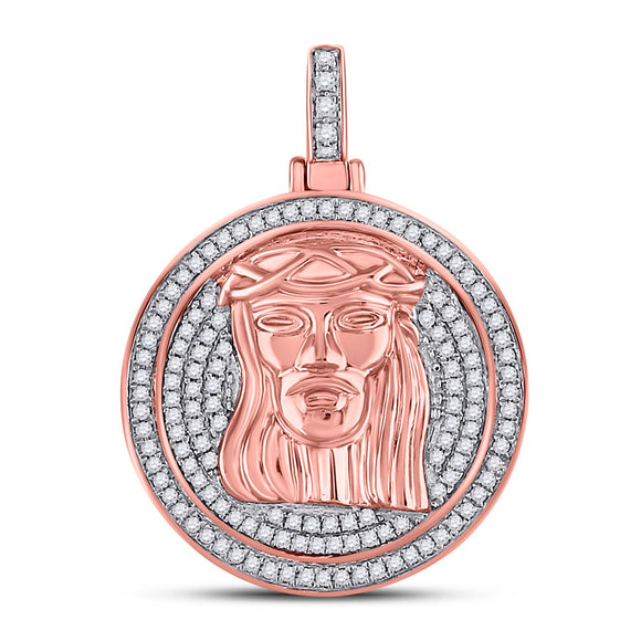 10kt Rose Gold Mens Round Diamond Jesus Face Circle Charm Pendant 3/4 Cttw