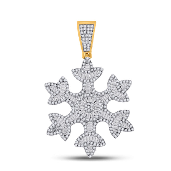10kt Yellow Gold Mens Baguette Diamond Snowflake Charm Pendant 1-5/8 Cttw