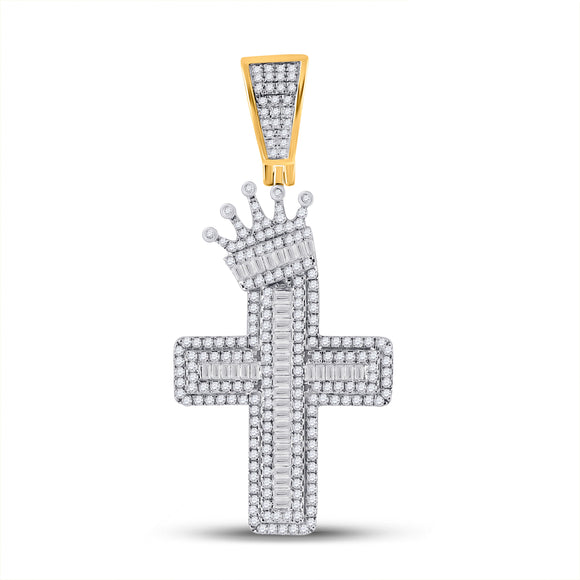 10kt Yellow Gold Mens Baguette Diamond Crown Cross Charm Pendant 2 Cttw