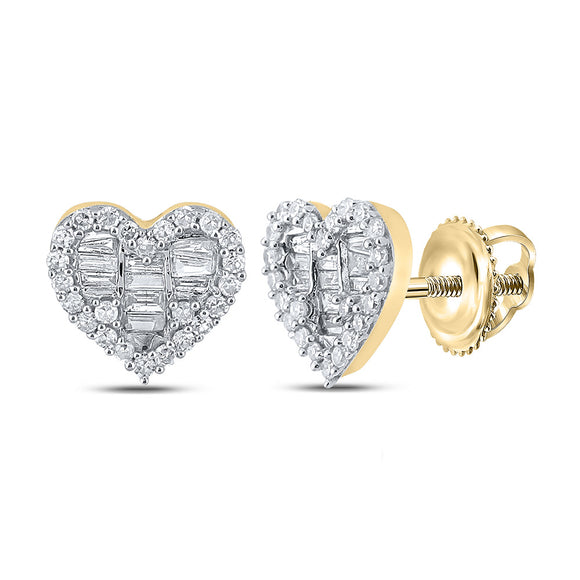 10kt Yellow Gold Womens Baguette Diamond Heart Earrings 1/2 Cttw