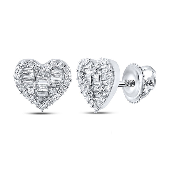 10kt White Gold Womens Baguette Diamond Heart Earrings 1/2 Cttw