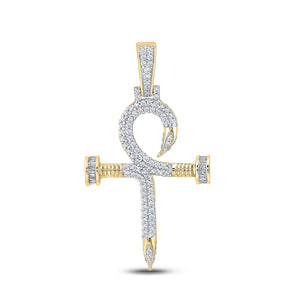 10kt Yellow Gold Mens Baguette Diamond Nail Cross Ankh Charm Pendant 7/8 Cttw