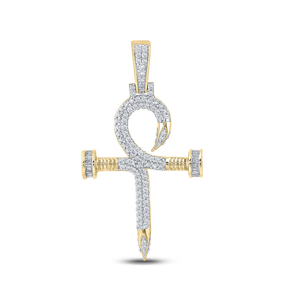 10kt Yellow Gold Mens Baguette Diamond Nail Cross Ankh Charm Pendant 7/8 Cttw