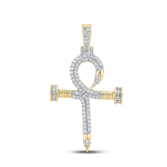 10kt Yellow Gold Mens Baguette Diamond Nail Cross Ankh Charm Pendant 1-1/5 Cttw